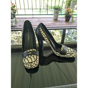 Jessica Bennett Heels Women's 6M Calf Hair Leather Animal Print Black Cream